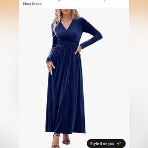 Elegant Long Sleeve Velvet Maxi Dress - Navy Blue